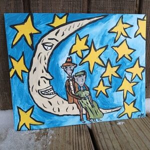 Possum Couple Moon Portrait Painting Folk Art Whimsy Art